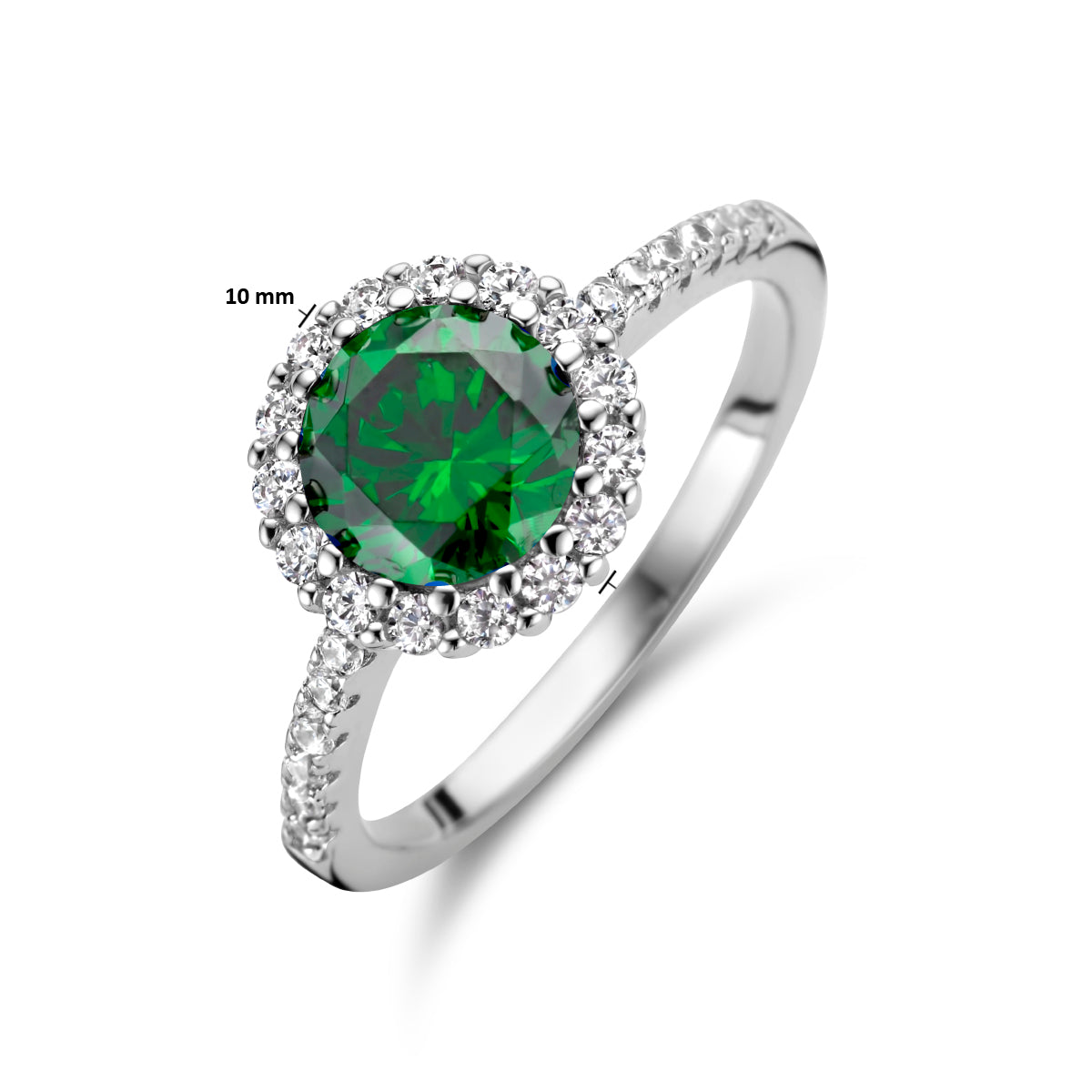 Ring groen en wit zirkonia halo zilver gerhodineerd