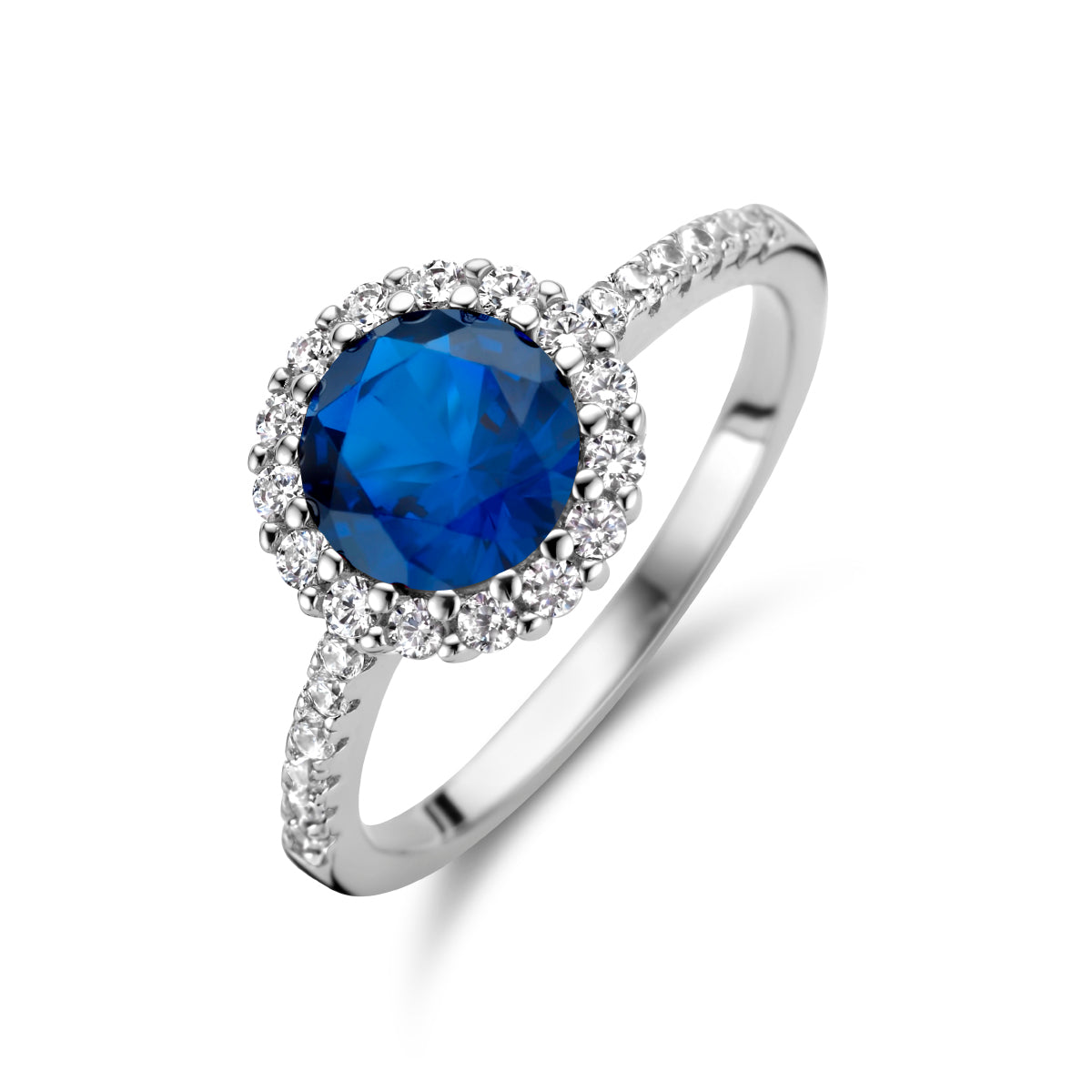 Ring blauw en wit zirkonia halo zilver gerhodineerd