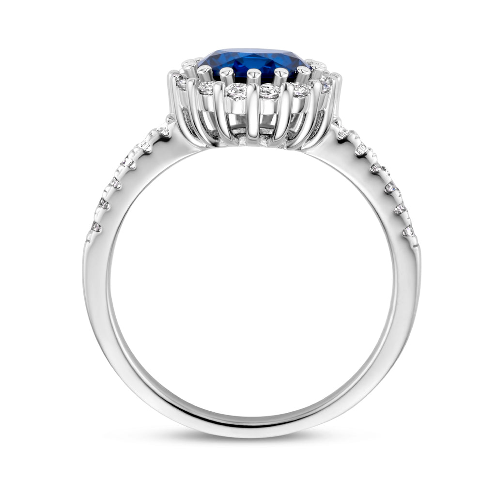 Ring blauw en wit zirkonia halo zilver gerhodineerd