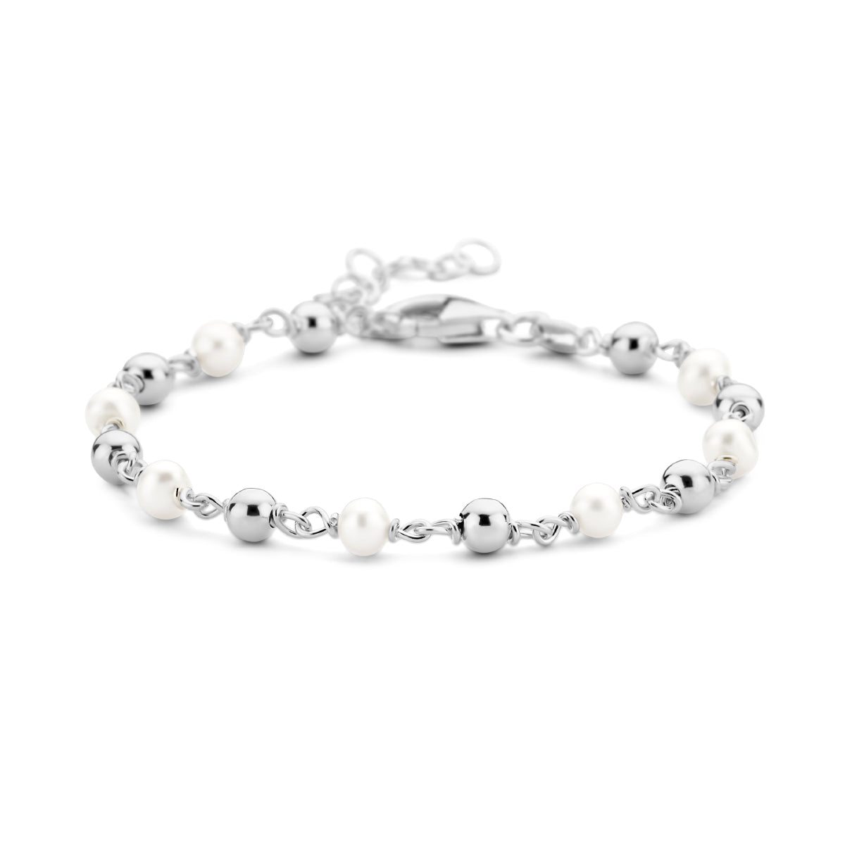 Armband parel en bolletjes 16 + 3 cm zilver gerhodineerd