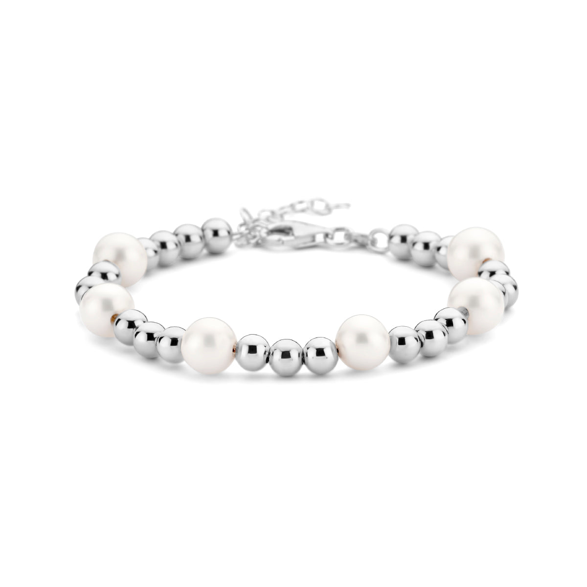 Armband parel en bolletjes 17 + 3 cm zilver gerhodineerd