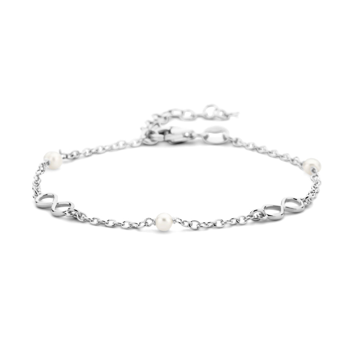 Armband infinity en parels 16 + 3 cm 1 micron zilver gerhodineerd