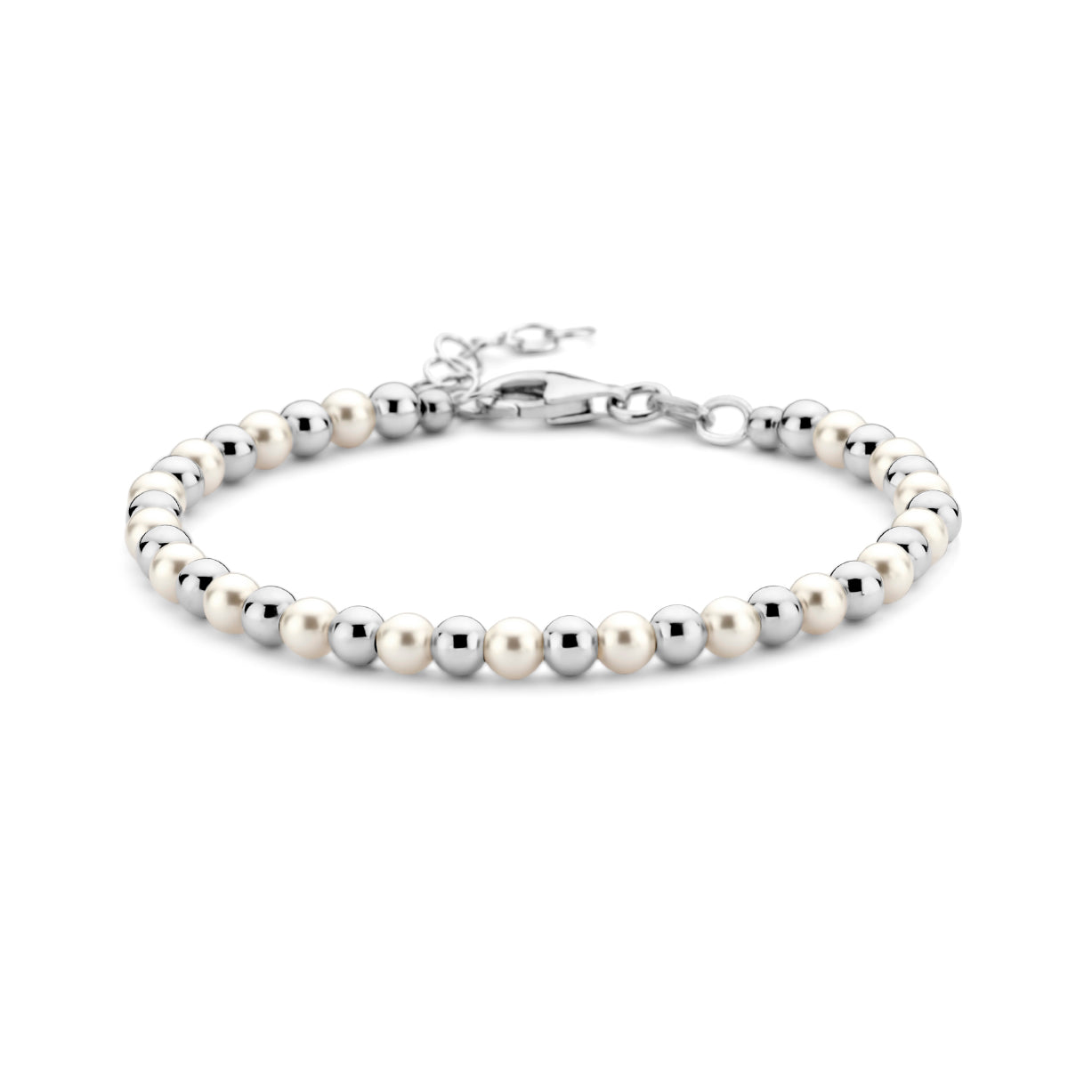 Armband synth. parel en bolletjes 16 + 3 cm zilver gerhodineerd