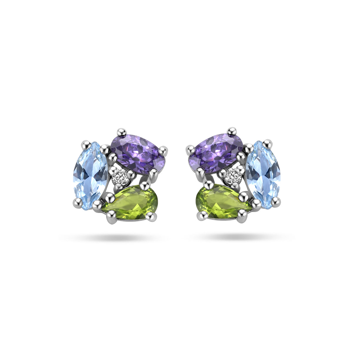 Oorknoppen zirkonia en synth. edelstenen zilver gerhodineerd