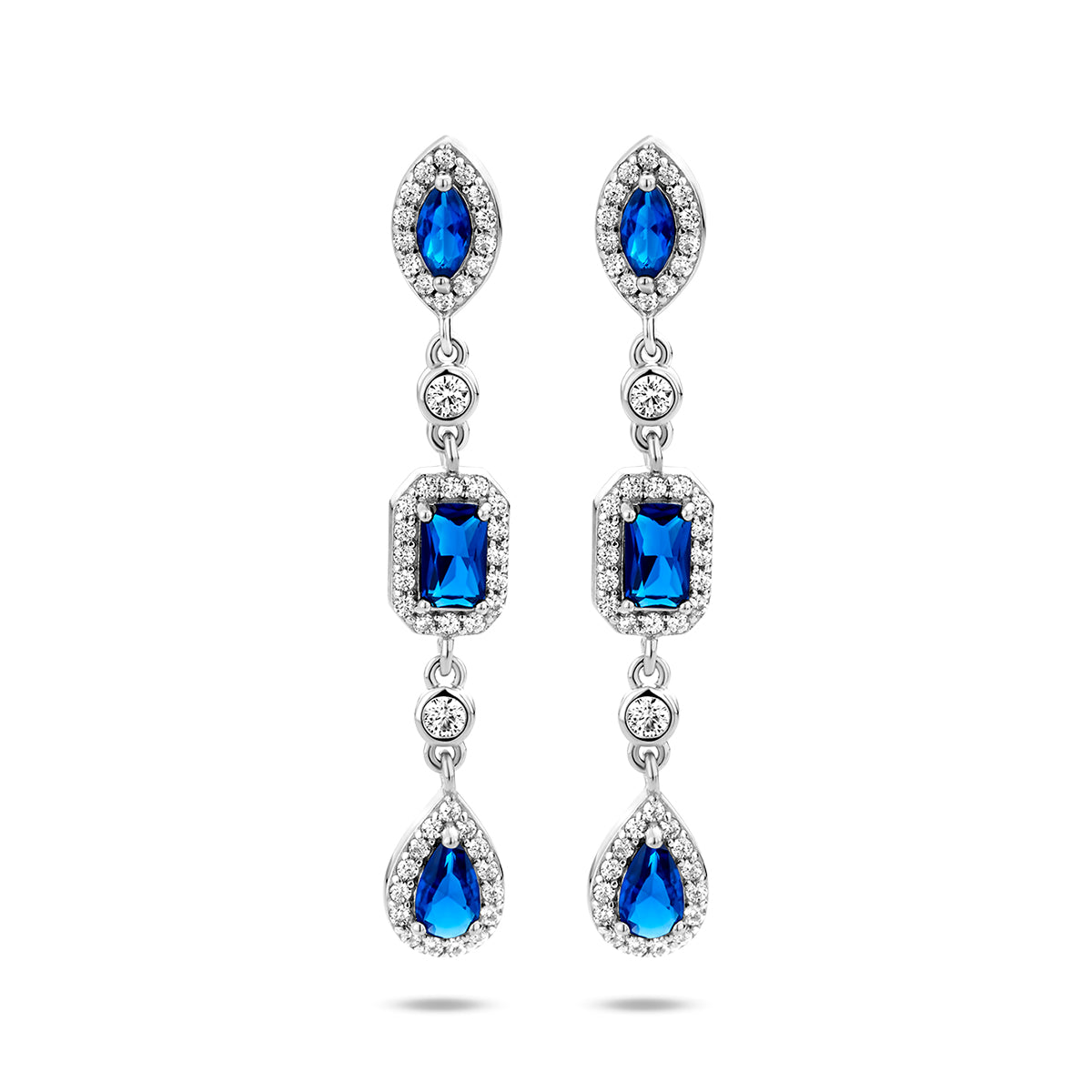 Oorhangers wit en blauw saffier zirkonia zilver gerhodineerd