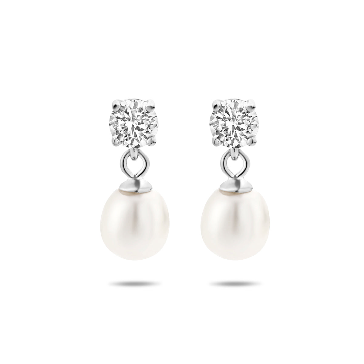 Oorhangers zirkonia en parel zilver gerhodineerd