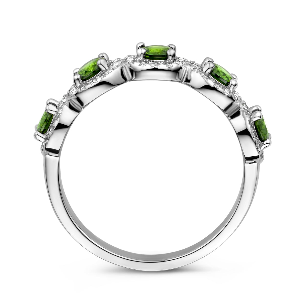 Ring groen en wit zirkonia halo zilver gerhodineerd