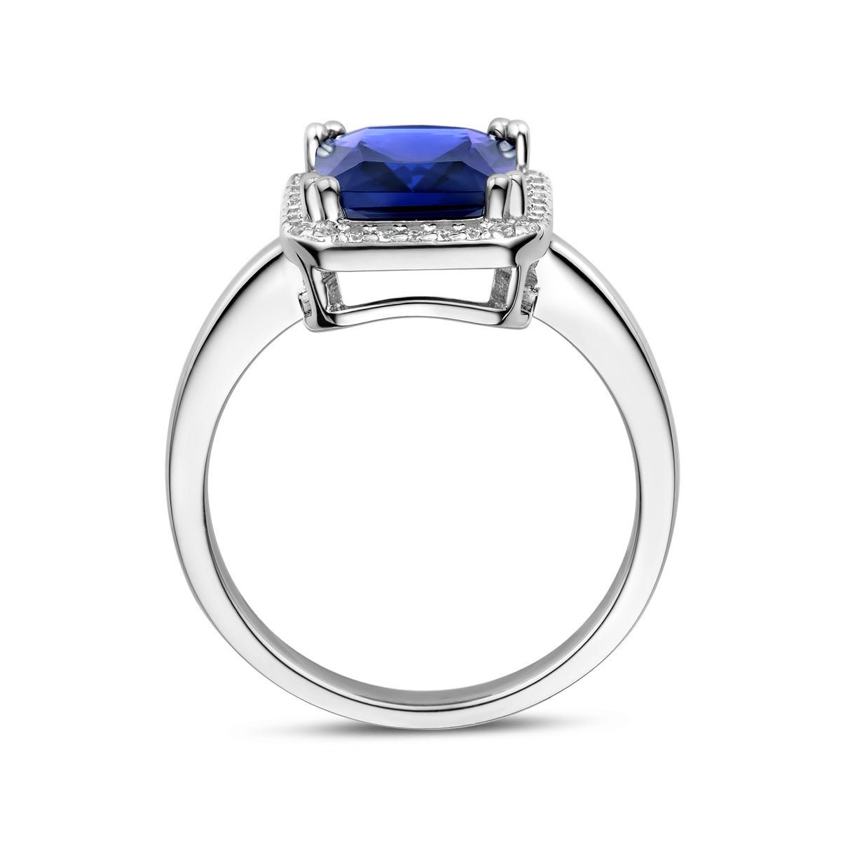 Ring saffierkleurig en wit zirkonia halo zilver gerhodineerd