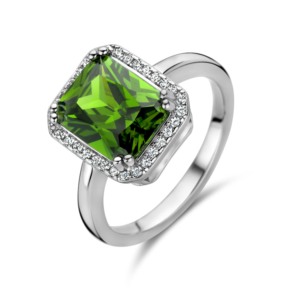 Ring groen en wit zirkonia halo zilver gerhodineerd