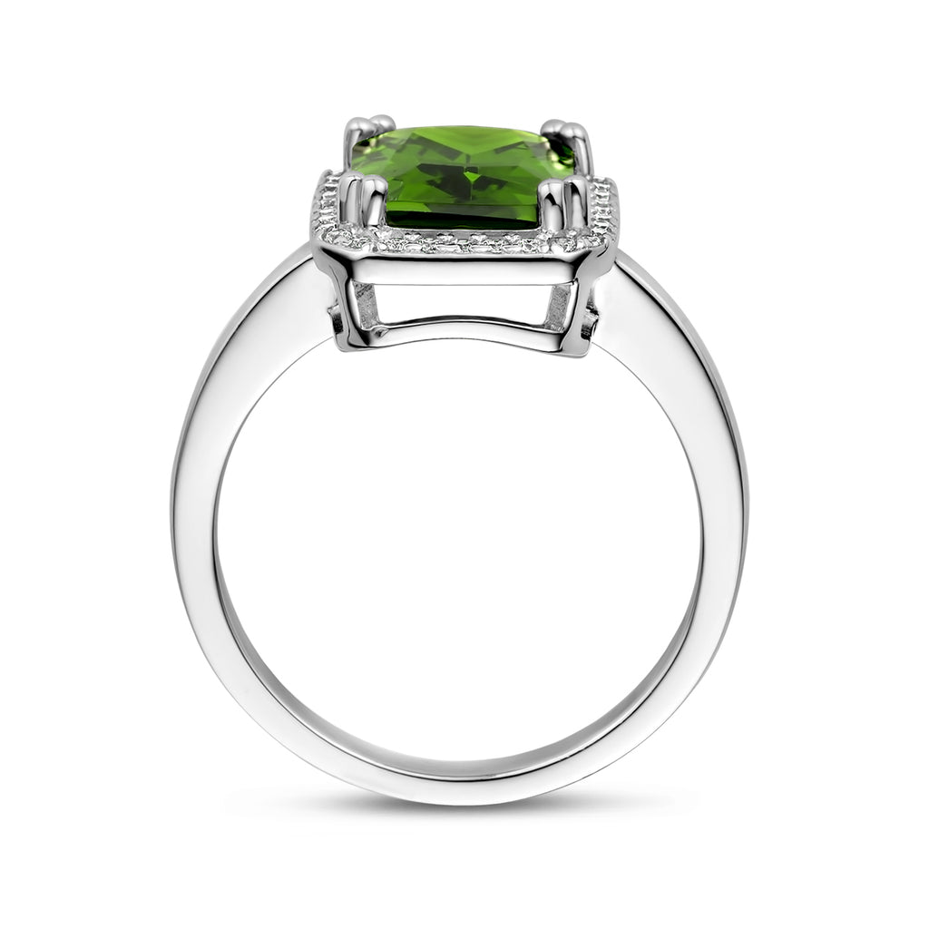 Ring groen en wit zirkonia halo zilver gerhodineerd