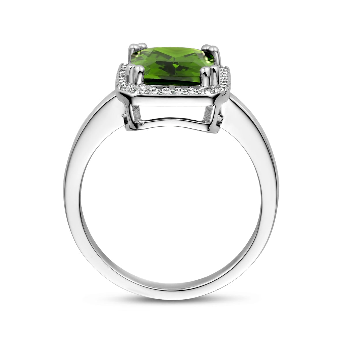 Ring groen en wit zirkonia halo zilver gerhodineerd