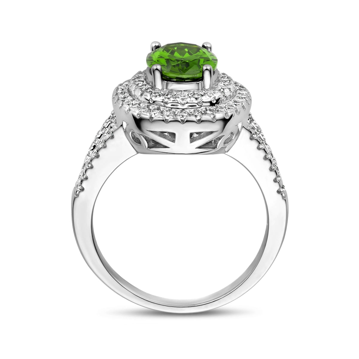 Ring groen en wit zirkonia halo zilver gerhodineerd