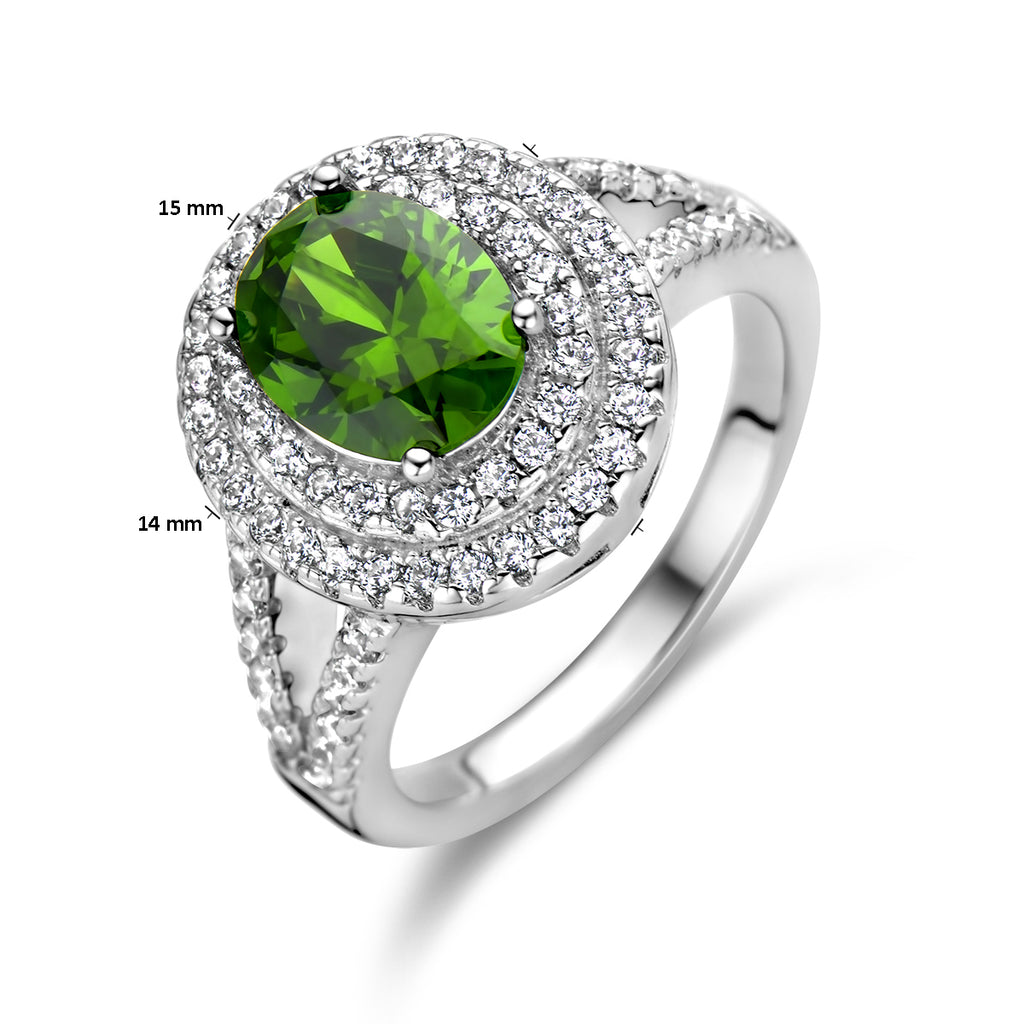 Ring groen en wit zirkonia halo zilver gerhodineerd