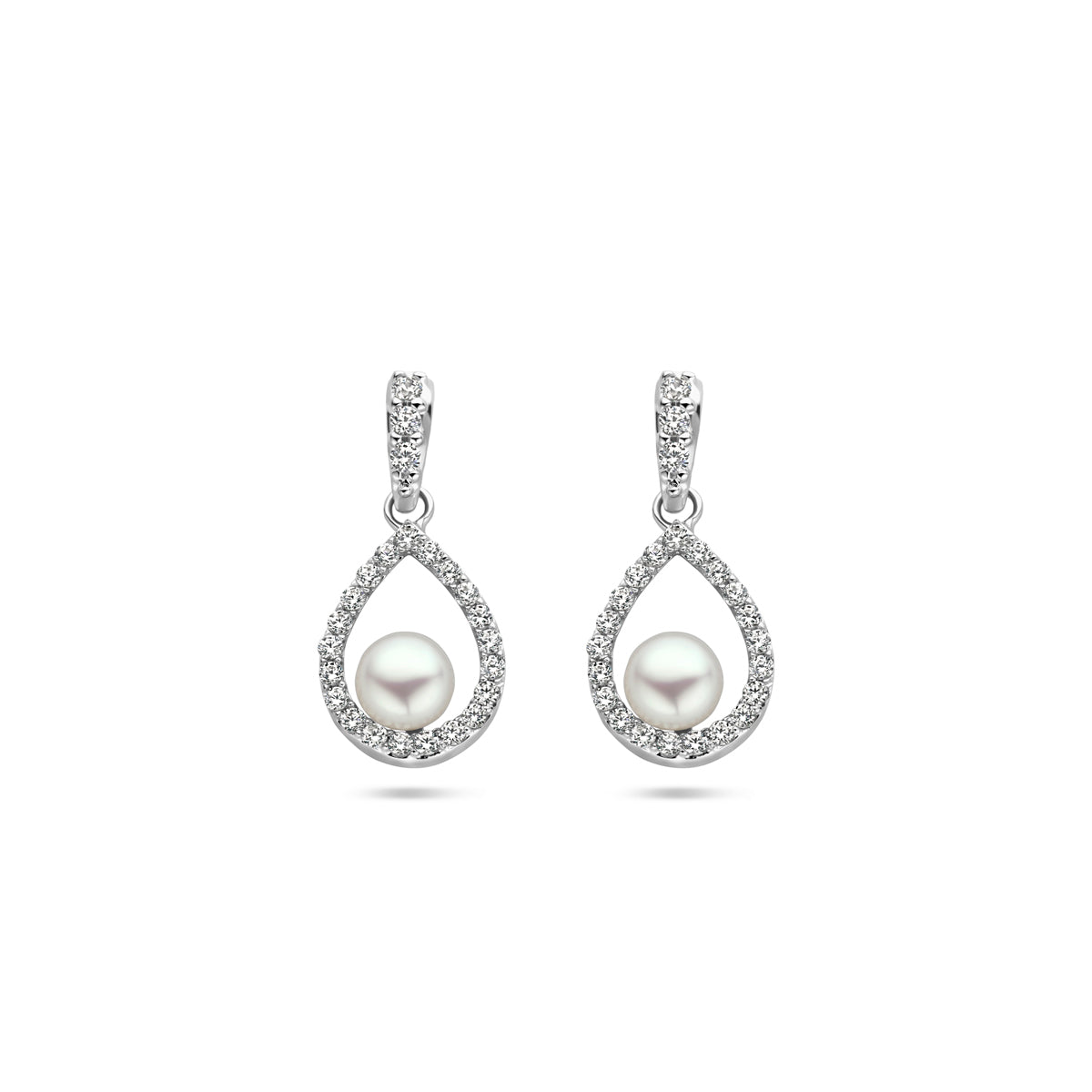 Oorhangers parel en zirkonia zilver gerhodineerd