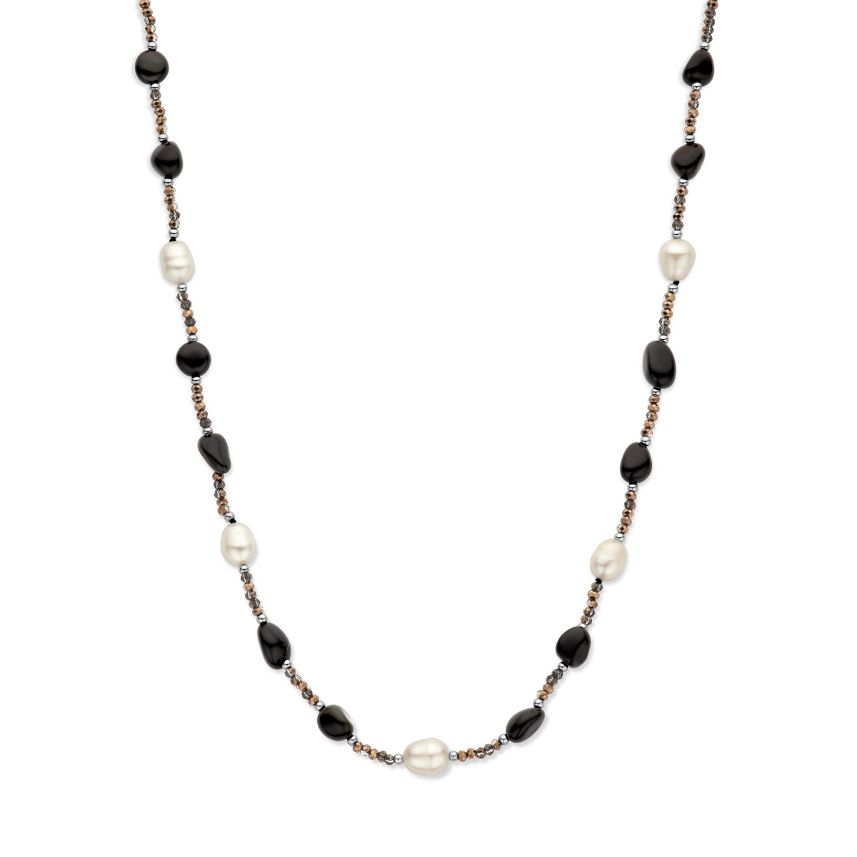 Collier parel, onyx en hematiet 45 + 3 cm zilver gerhodineerd