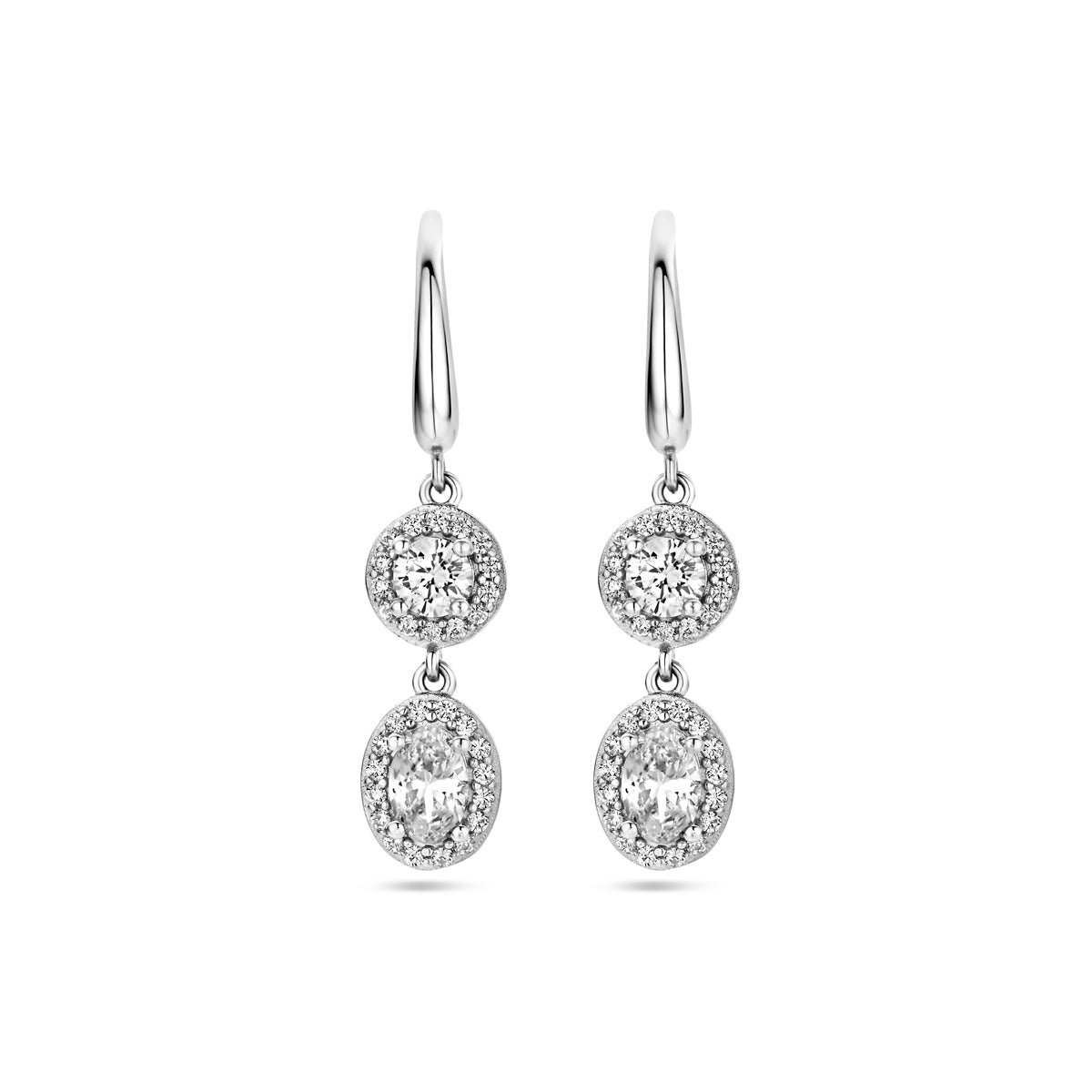 Oorhangers zirkonia halo franse haak zilver gerhodineerd