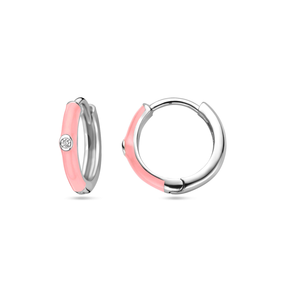 Klapoorringen zirkonia en roze emaille zilver gerhodineerd