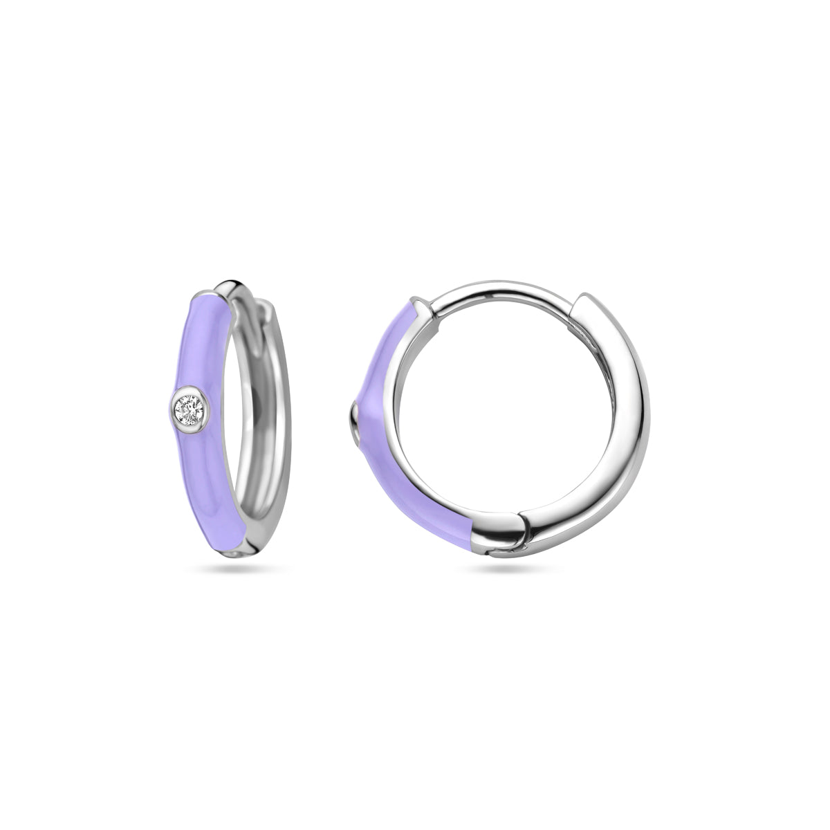 Klapoorringen zirkonia en paars emaille zilver gerhodineerd