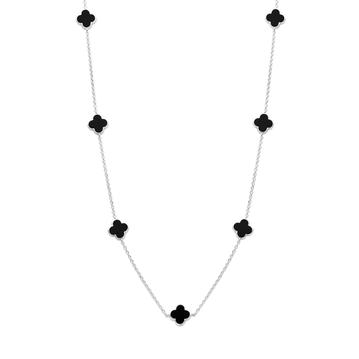 Collier klavertjes onyx 43 + 3 cm zilver gerhodineerd