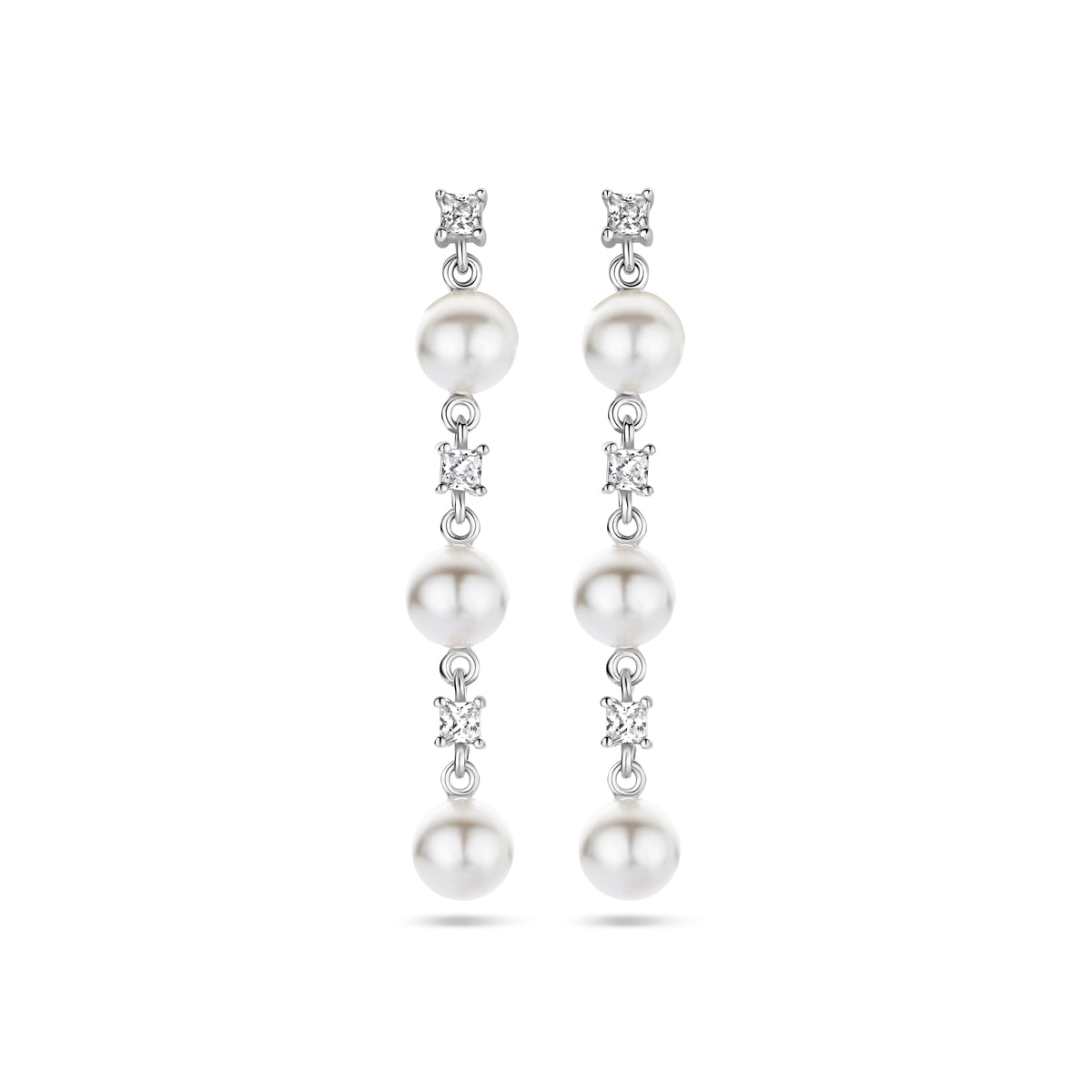 Oorhangers synth. parels en zirkonia zilver gerhodineerd