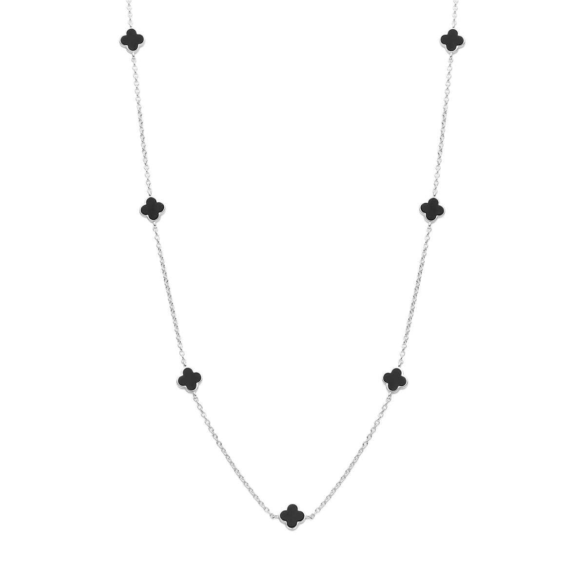 Collier klavertjes onyx 43 + 3 cm zilver gerhodineerd