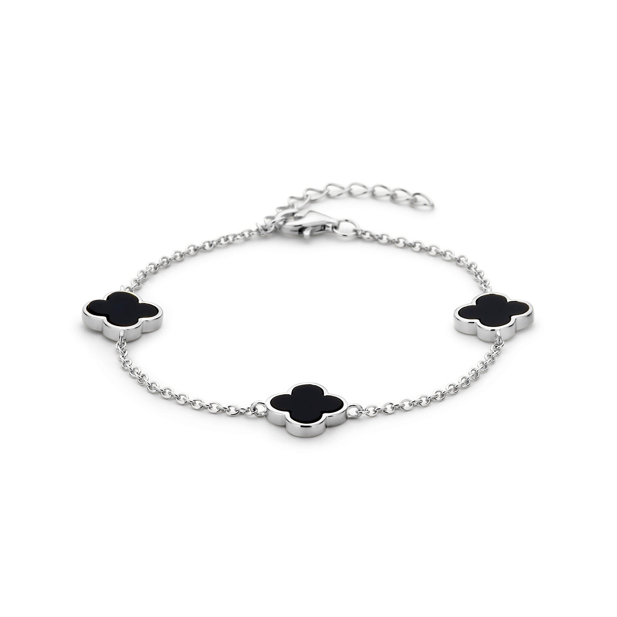 Armband klavertjes onyx 16 + 3 cm zilver gerhodineerd