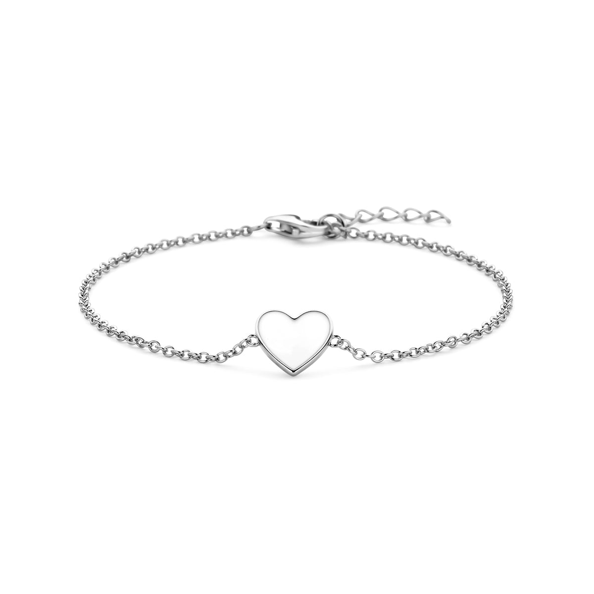 Armband hart wit emaille 16 + 2 cm zilver gerhodineerd