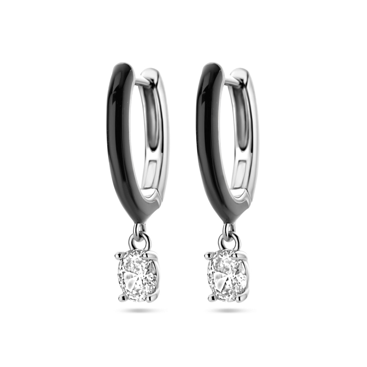 Klapoorringen zirkonia en zwart emaille zilver gerhodineerd