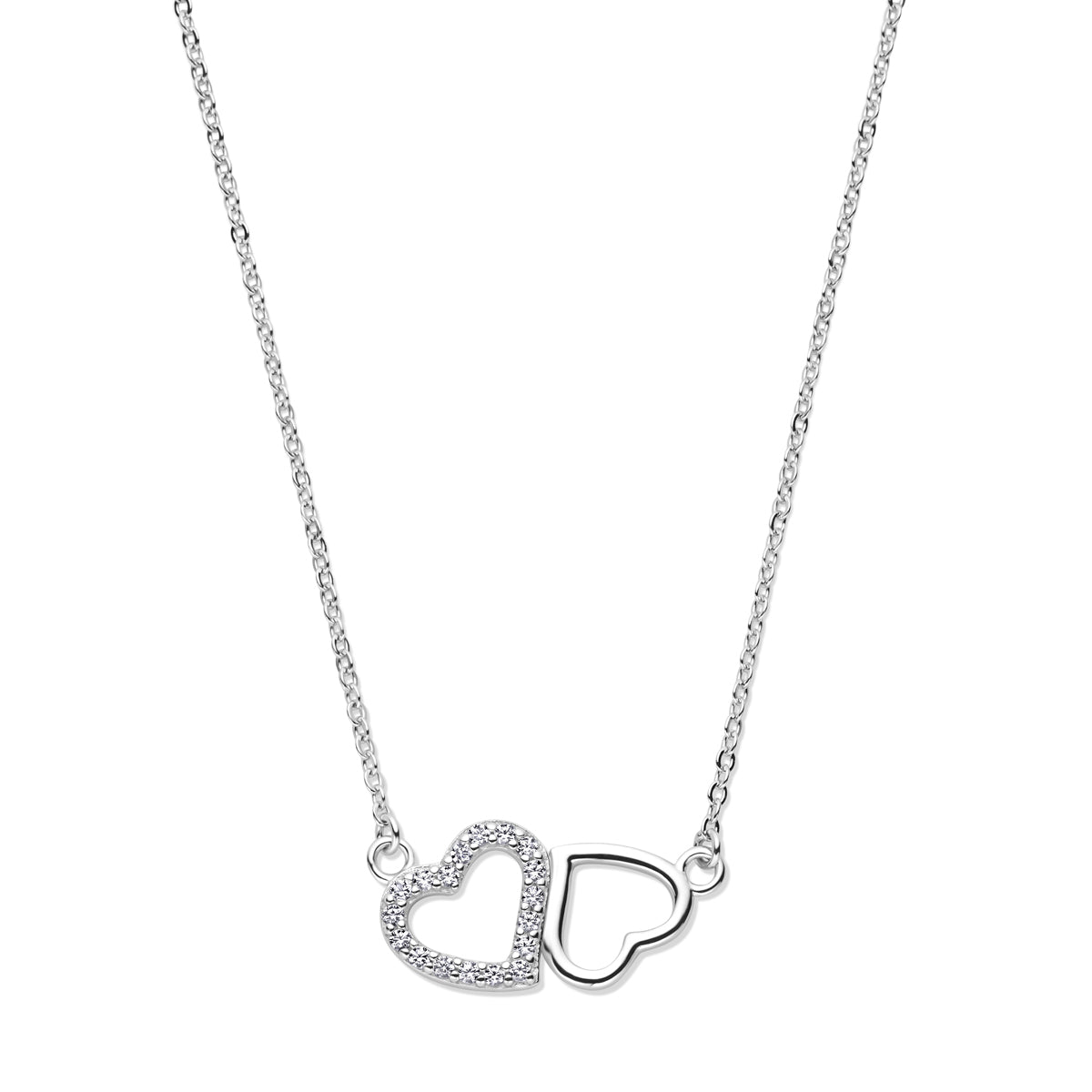 Collier hartjes zirkonia 42 + 3 cm zilver gerhodineerd