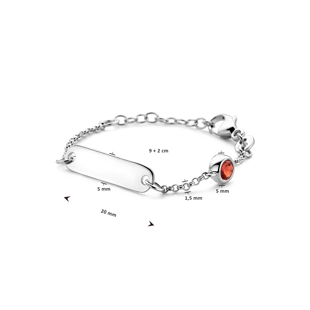 Graveerarmband plaat 5,0 mm met geboortesteen 9 + 2 cm zilver gerhodineerd