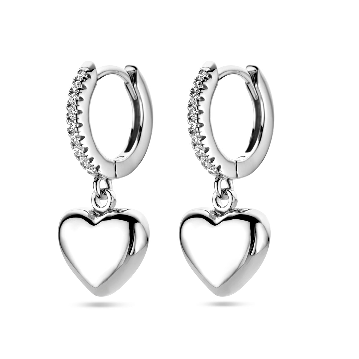 Klapoorringen hart zirkonia zilver gerhodineerd