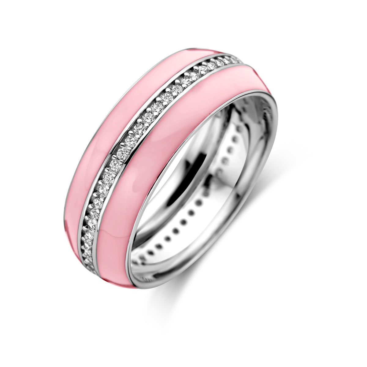 Ring roze emaille en zirkonia zilver gerhodineerd