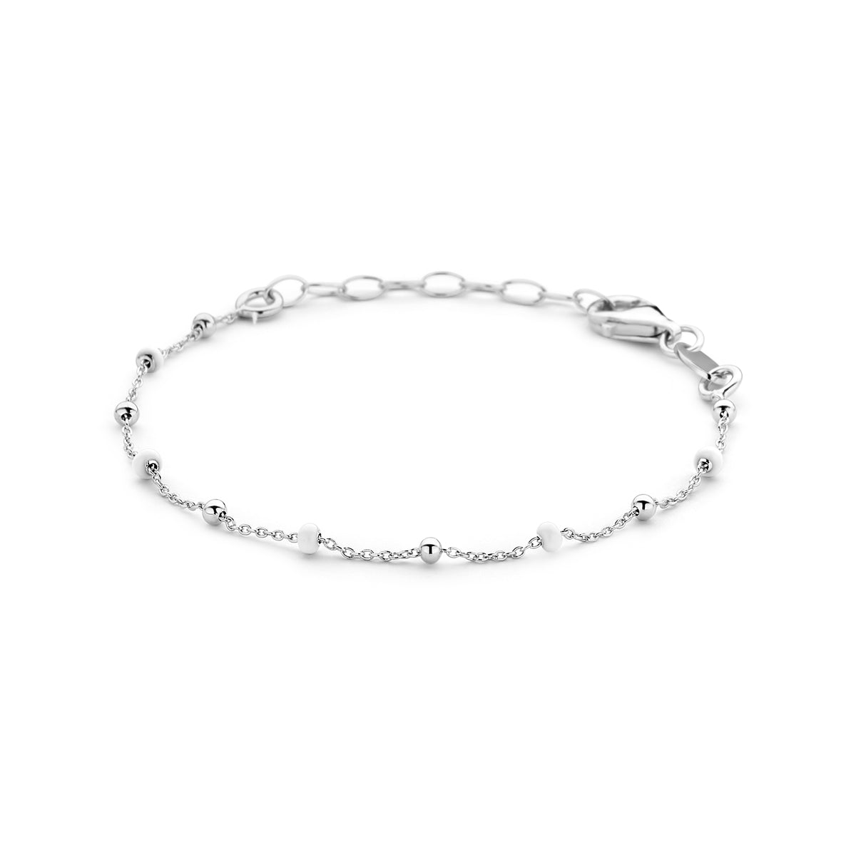 Armband bolletjes wit emaille 13 + 3 cm zilver gerhodineerd
