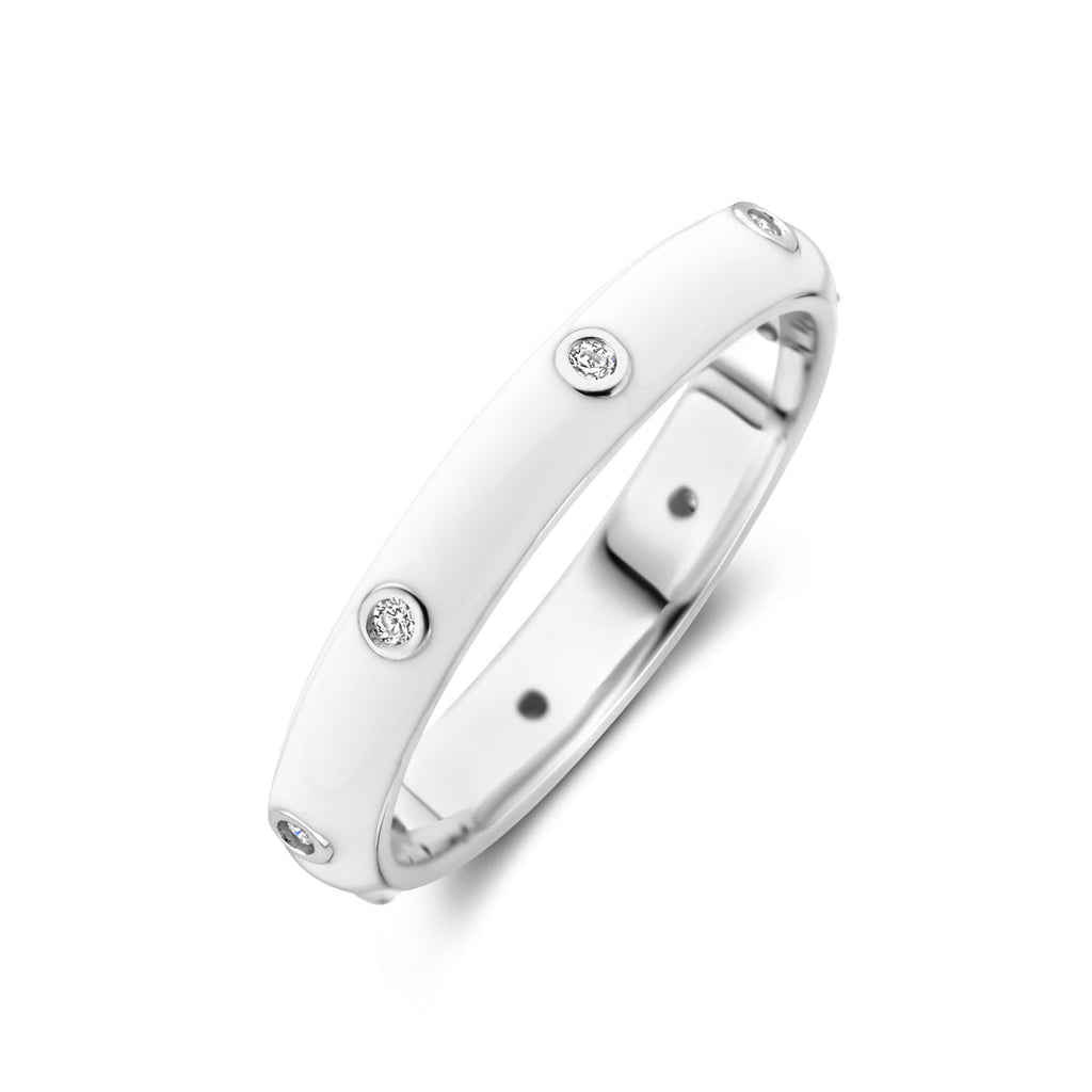 Ring wit emaille en zirkonia zilver gerhodineerd