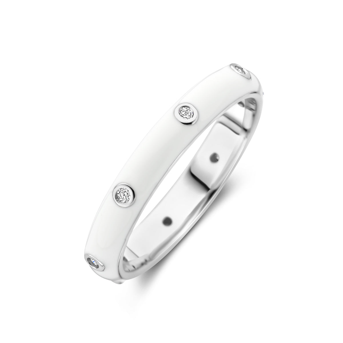 Ring wit emaille en zirkonia zilver gerhodineerd