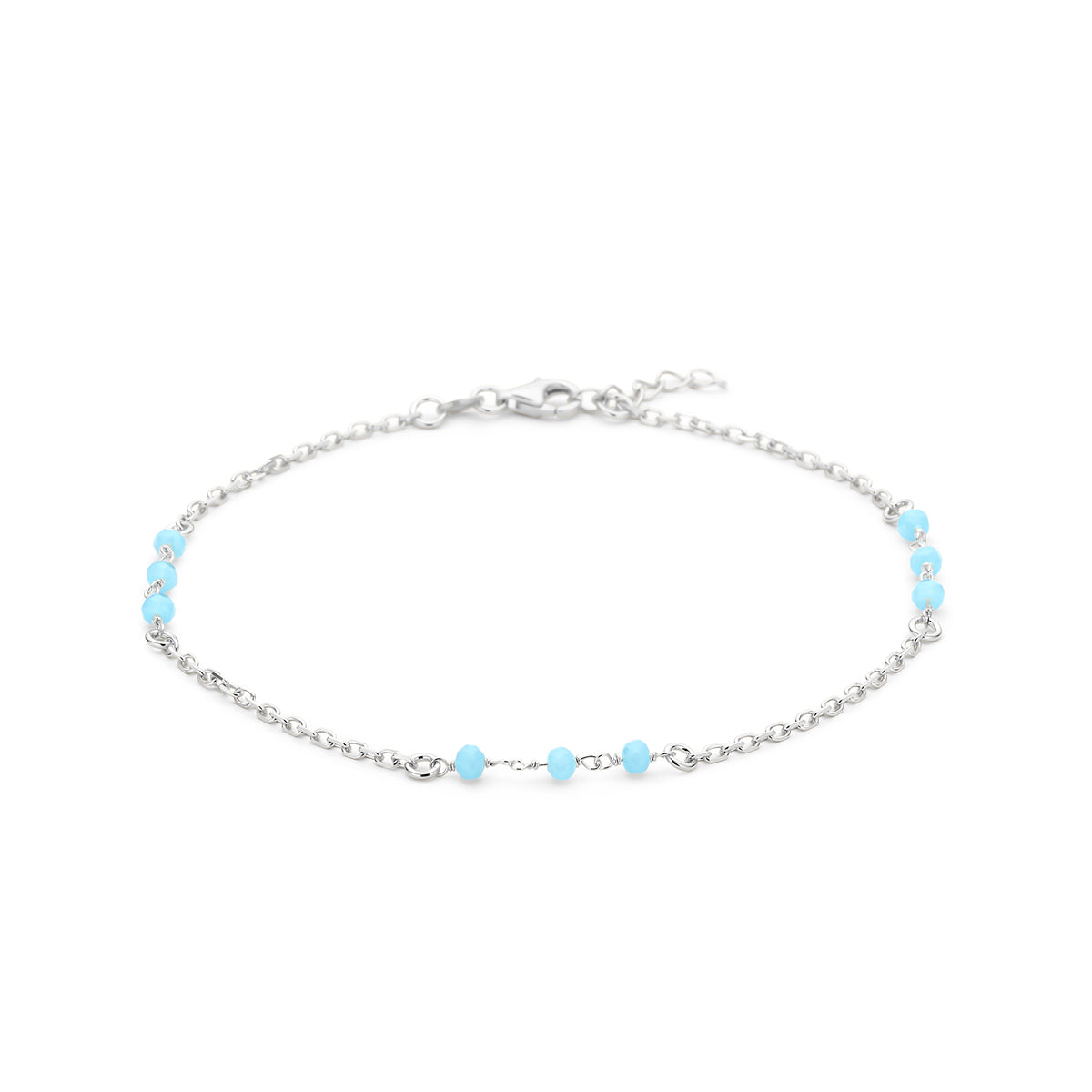 Enkelbandje blauw kristal bolletjes 24 + 2 cm zilver gerhodineerd