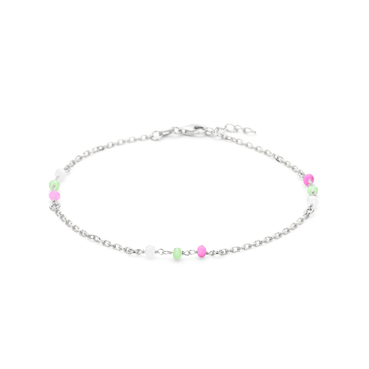 Enkelbandje meerdere kleuren kristal bolletjes 24 + 2 cm zilver gerhodineerd