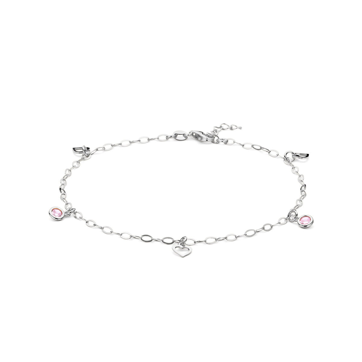 Enkelbandje hart en roze zirkonia 24 + 2 cm zilver gerhodineerd