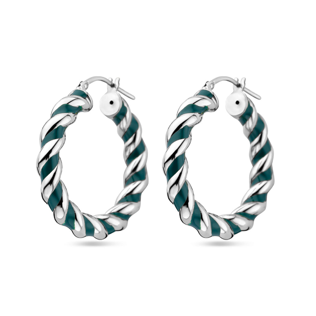 Oorringen gedraaid donkergroen emaille zilver gerhodineerd