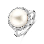 Ring parel en zirkonia halo zilver gerhodineerd