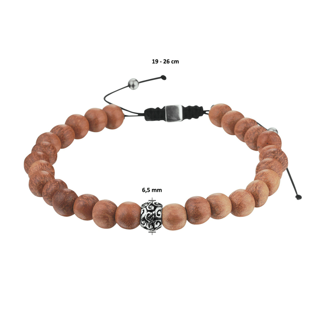 Kralenarmband lichtbruin hout 6,5 mm 19 - 26 cm zilver gerhodineerd met rubber/nylon/leer