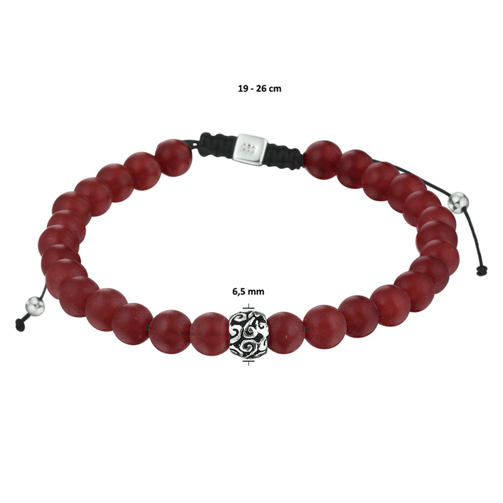 Kralenarmband rood agaat 6,5 mm 19 - 26 cm zilver gerhodineerd met rubber/nylon/leer