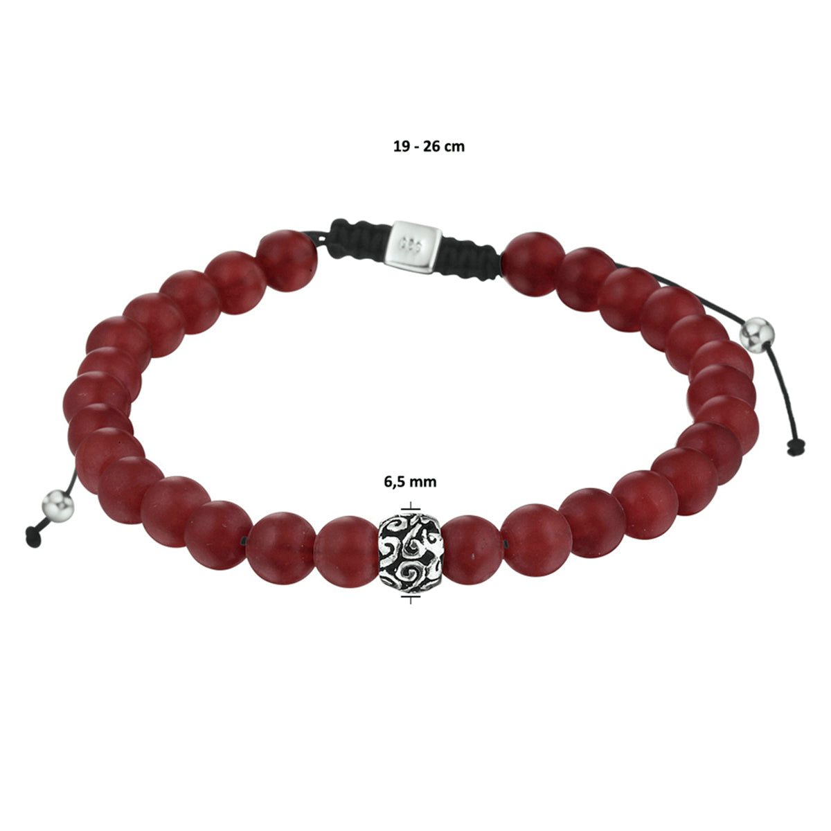 Kralenarmband rood agaat 6,5 mm 19 - 26 cm zilver gerhodineerd met rubber/nylon/leer