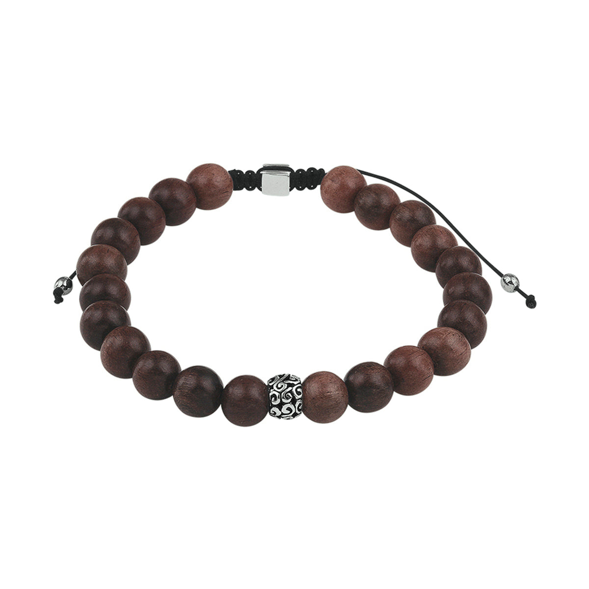 Kralenarmband donkerbruin hout 8,0 mm 19 - 26 cm zilver gerhodineerd met rubber/nylon/leer