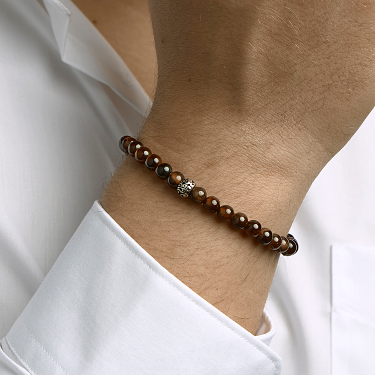 Kralenarmband rood tijgeroog 6,5 mm 19 - 26 cm zilver gerhodineerd met rubber/nylon/leer