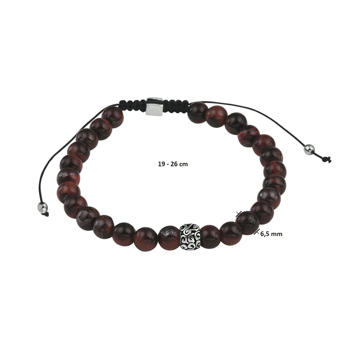 Kralenarmband rood tijgeroog 6,5 mm 19 - 26 cm zilver gerhodineerd met rubber/nylon/leer