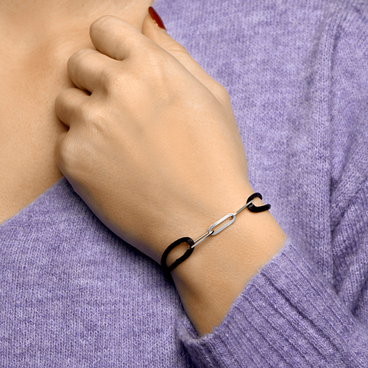 Armband satijn zilver gerhodineerd met rubber/nylon/leer