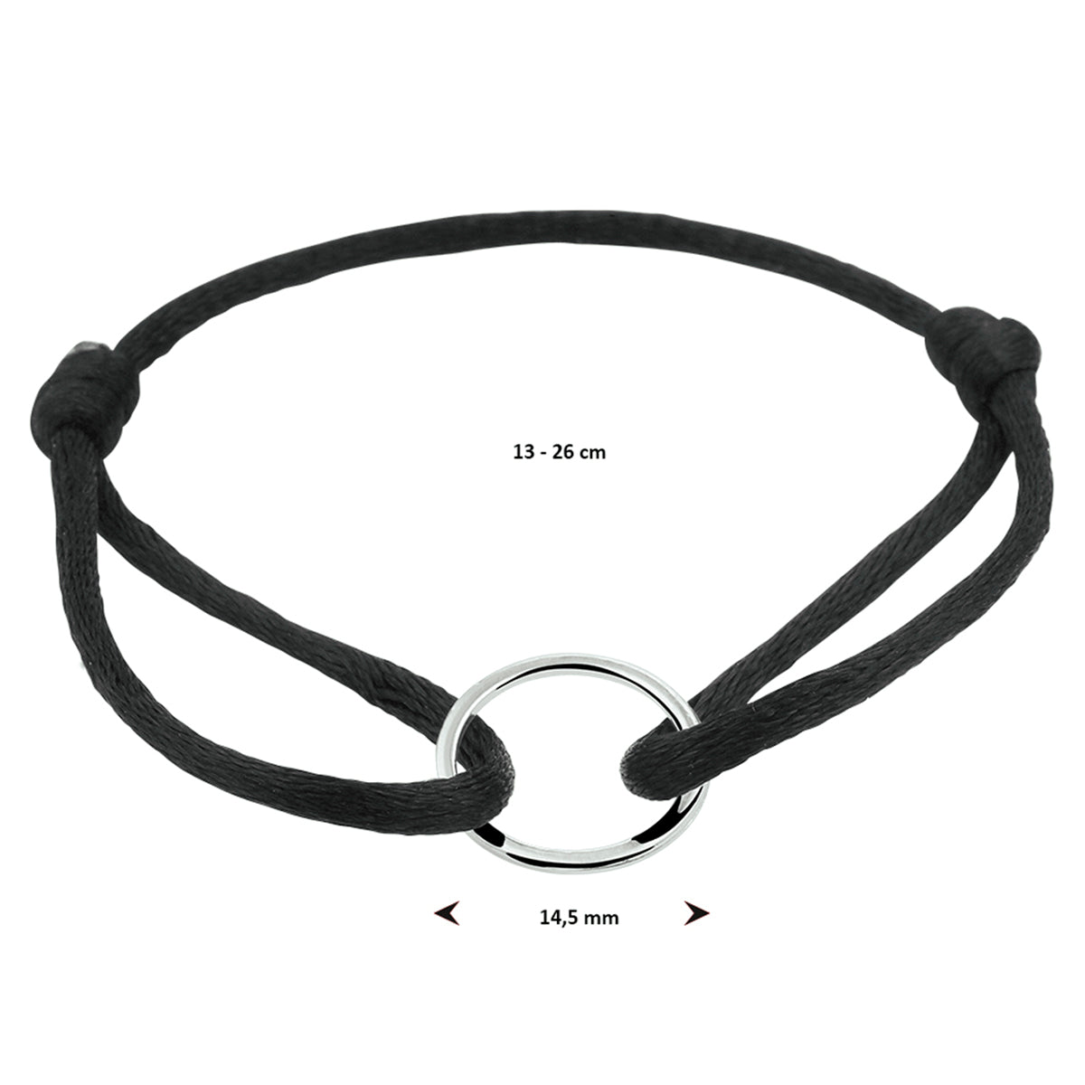 Armband satijn rondje zilver gerhodineerd met rubber/nylon/leer
