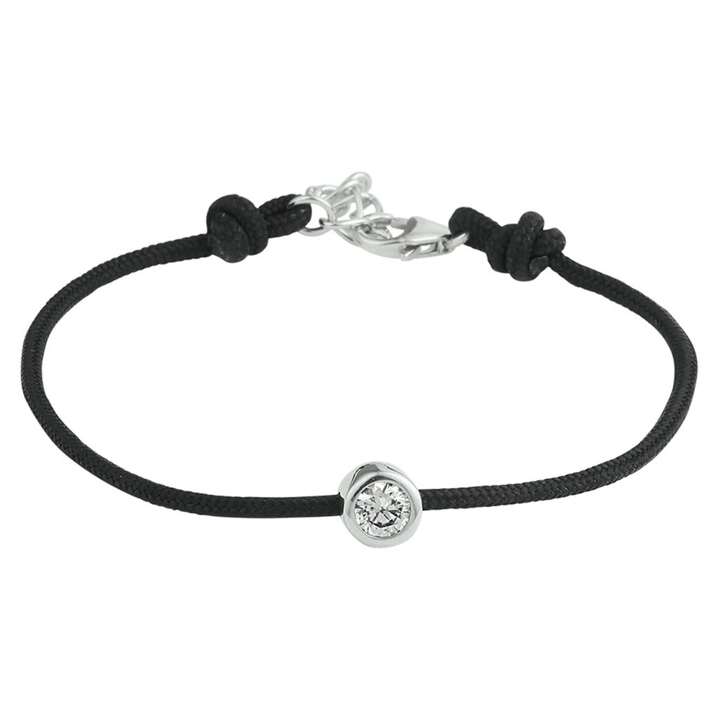 Armband katoen rondje zirkonia 15,5 + 2,5 cm zilver gerhodineerd met rubber/nylon/leer