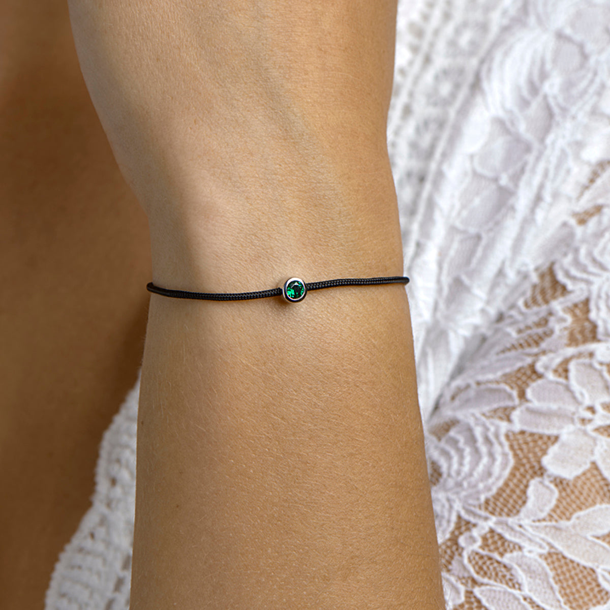 Armband katoen synth. smaragd 15,5 + 2,5 cm zilver gerhodineerd met rubber/nylon/leer